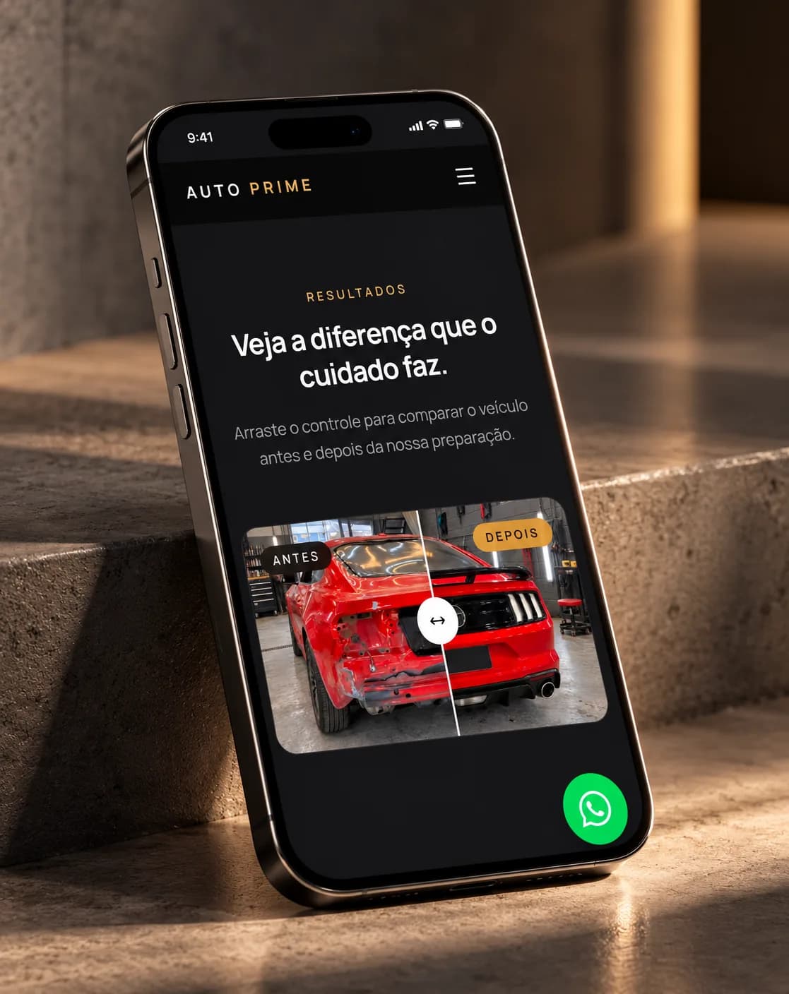Comparador antes e depois do site da Auto Prime aberto em um celular